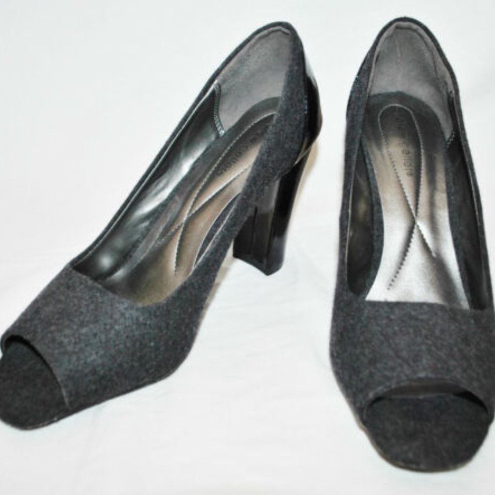 Andrew Geller Laddie Heather Gray Wool Heeled Open Peep Toe Slide Pump Shoes